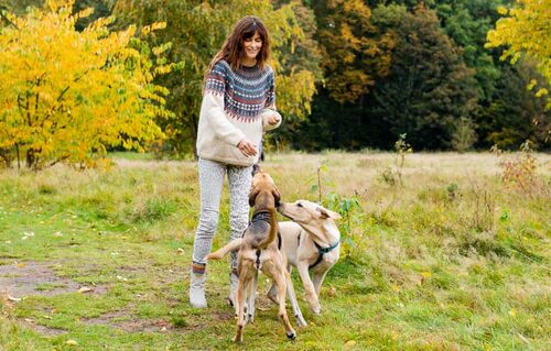 Tina Tschürtz mit zwei Hunden beim Training auf einer herbstlichen Wiese