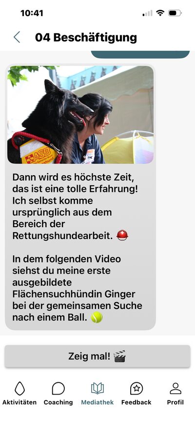 Lern-App, Lerninhalt Beschäftigung: Rettungshund Ginger und Hinweis auf ein Lernvideo