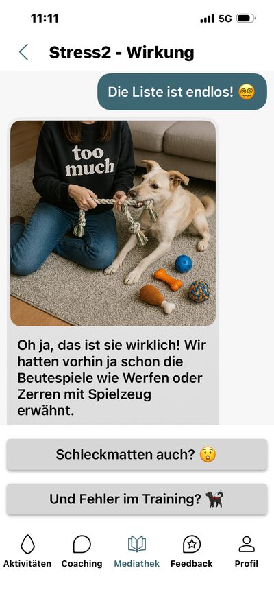 Lern-App, Lerninhalt Stress: Hund mit Spielzeug und Erklärung zur Wirkung von Stress